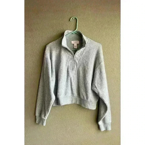 Victoria Secret Pink Women Size L Gray Cropped Cotton 1/2 Zip Pullover - Picture 1 of 9